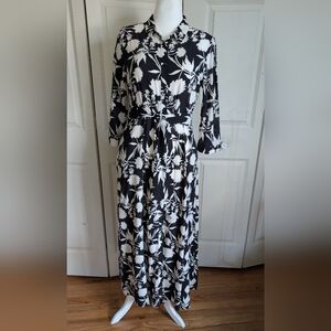 Zara Black and White Floral Midi Shirt Dress with Tie Waist